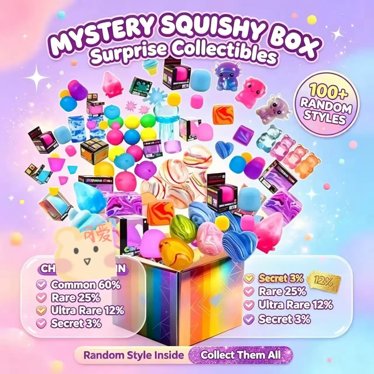 100+Pcs Surprise Box Toys Fun Mystery Fidget  Stress Relief Surprise Novelty Stress Relief Assorted Squishy Figures Blind Box