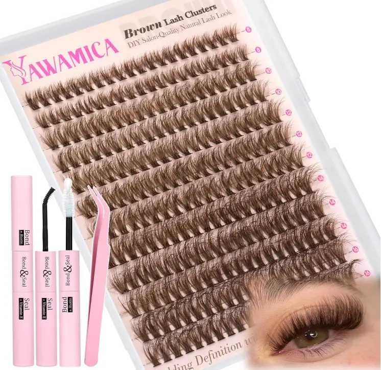 Yawamica Brown Lash Clusters Kit Fluffy Lash Extension Kit 10-16mm Wispy Eyelash Clusters D Curly Cluster Eyelash Extensions 50D Individual DIY Lashes Kit with Waterproof Bond and Seal Lash Tweezers