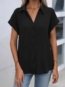 Minimalist Lapel Short Sleeve Shirt for Women, Summer High-End Flowy Blouse, Casual Office Wear, Loose Fit V Neck Top