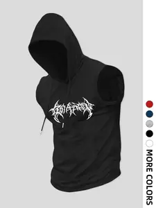 Men's Death Metal Hooded Sleeveless Vest, Hardcore Font Print, Gym Training Tank Top, Casual Fitted H-Type Silhouette, Fitness Activewear, Athletic Training Apparel
