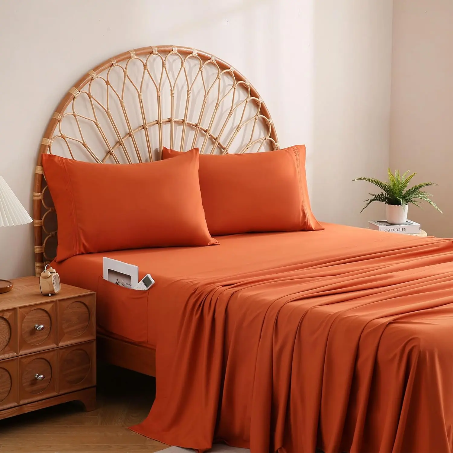 Burnt Orange  Sheet Set with Side Pocket Corner Straps, 4 count Soft Microfiber Bed Sheets Extra Deep Pocket