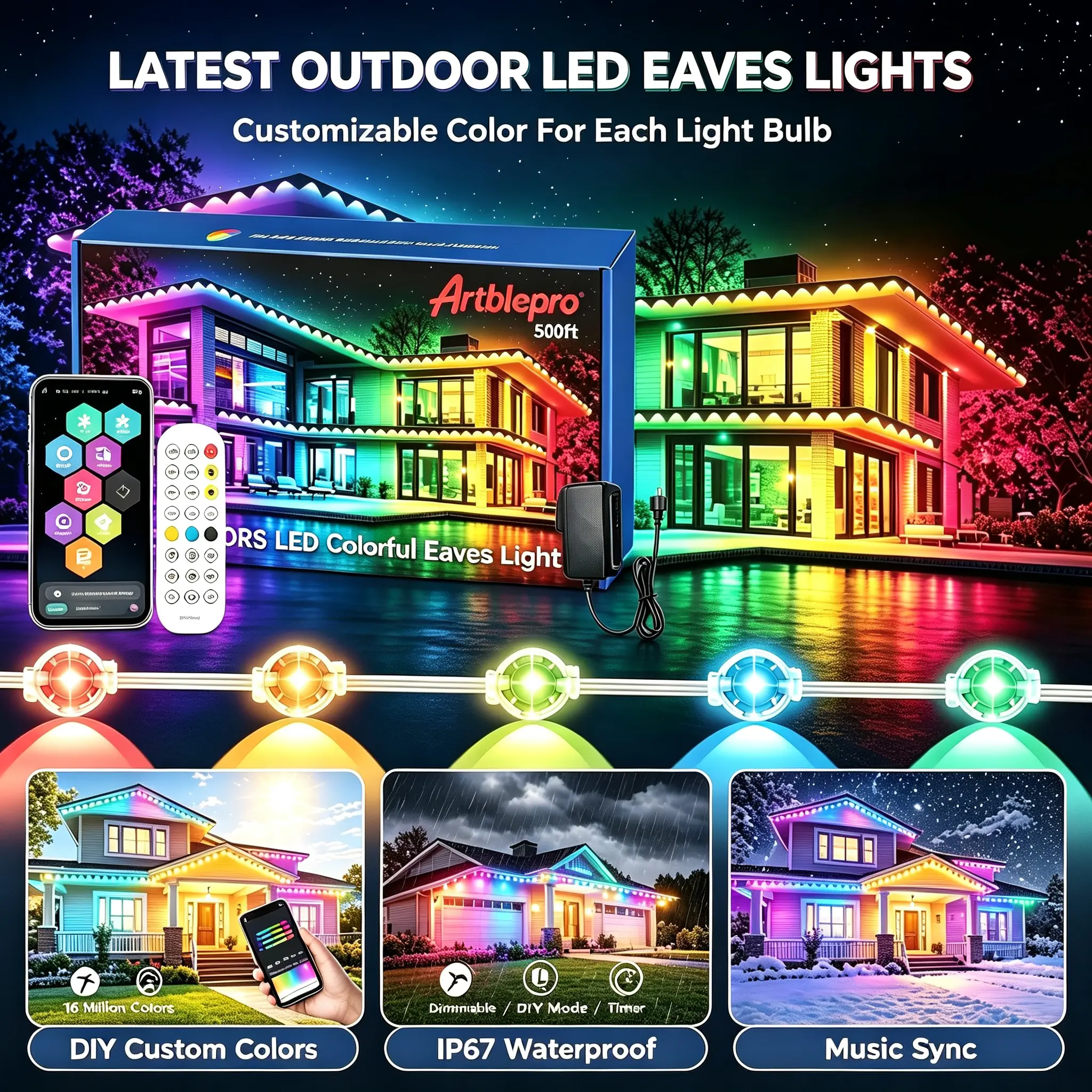 Artblepro【Newest Version】500FT RGBIC Permanent Outdoor Eaves Lights,Smart App & Remote Controlled,IP67 Waterproof,Music Sync,DIY Custom Color Dimmable LED Eave Lights for House Roof,Holiday,Party Decoration