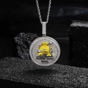 2—77RCC circle element personality trend coin pendant copper inlaid zircon micro inlaid dollar bag necklace