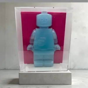 Blue Pink 10" Tall Handmade Resin Robot Figure In Shadow Box Pop Art Display Modern Wall Art
