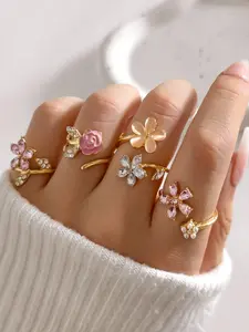 4pcs/set Lovely Rose Flower Adjustable Rings, Faux Pearl Diamond Decor, Five-Petal Floral Ring Set for Women, Elegant Jewelry Gift