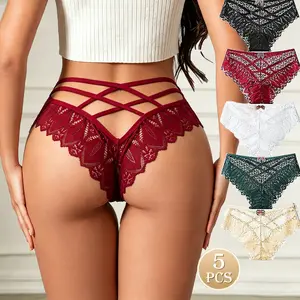 Gemaura 5-Pack Women’s Mid-Rise Sexy [Lace Trim Panties], Triangle Style with Bow Cross Straps, Soft Cotton Gusset, Boxed Set for Everyday  Wear and period underwear legging