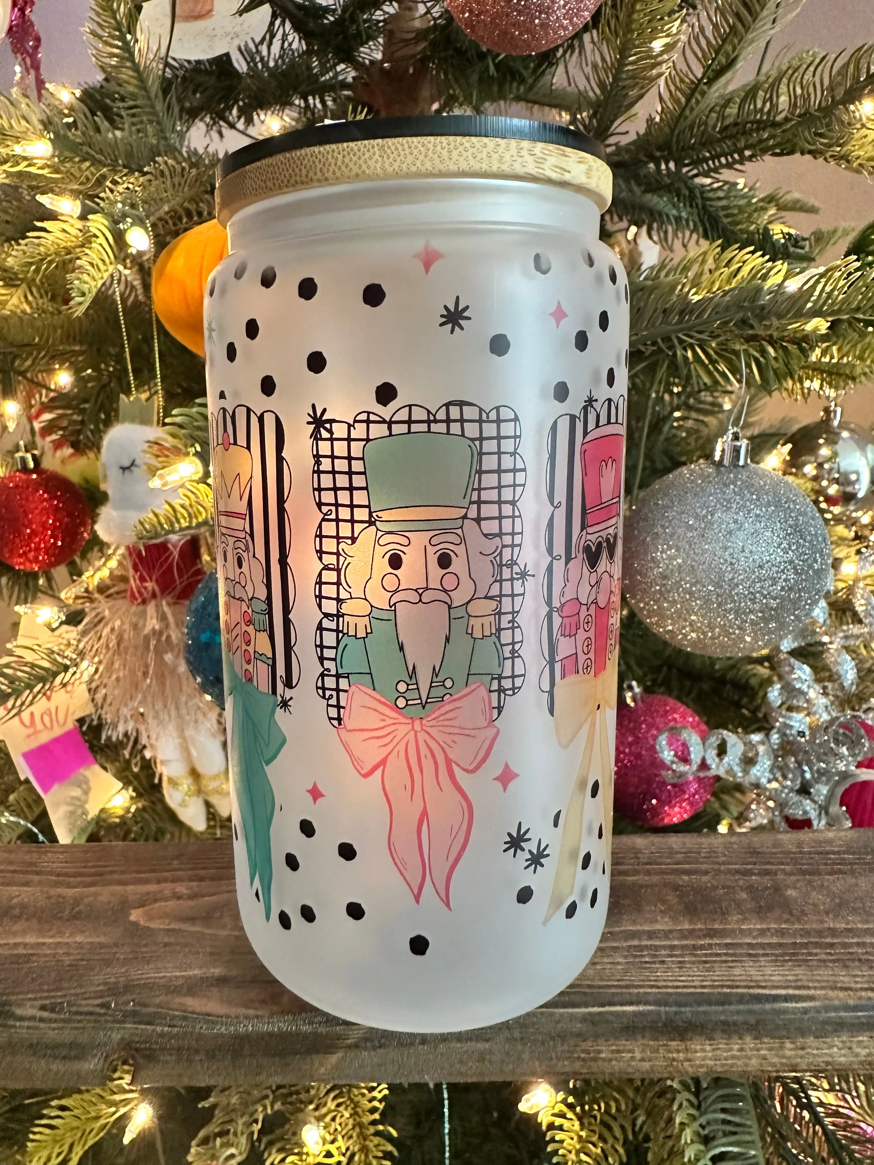Pastel Nutcracker Christmas Cup | Frosted 16oz Glass Can | Women’s Holiday Iced Coffee Cup