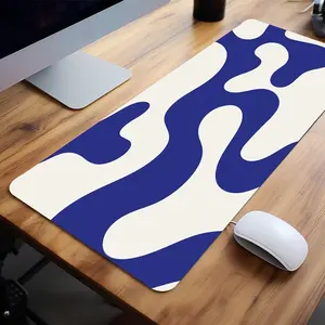 Extra Large Abstract Blue & Cream Wave Mouse Pad Modern Camo Gaming Desk Pad 35x16 Inch Computer Keyboard Mousepad with Non-Slip Rubber Base Durable Stitched Edge Perfect Gift for Home and Office