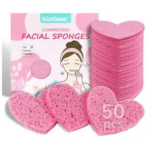 50-Count Kickleen Compressed Cellulose Heart Shape Facial Sponges | Natural Cosmetic Spa Sponges for Facial Cleansing | Exfoliating | Makeup Mask Removal | Reusable | Skin Massage (50 Count (Pink))