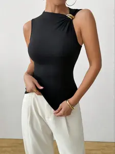 Asymmetric Stand Collar Sleeveless Top, Metal Button Pleated Slim Fit, Office/brunch/business/coffee Date/travel/dating/layering/daily Wear