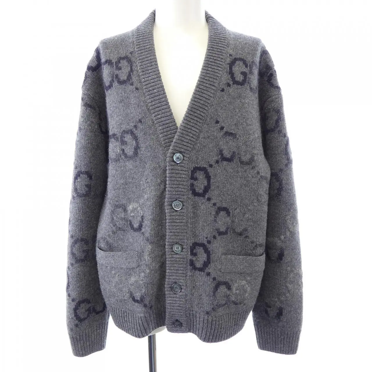 Pre-owned GUCCI Wool Small Leather Goods GG Intarsia Cardigan
