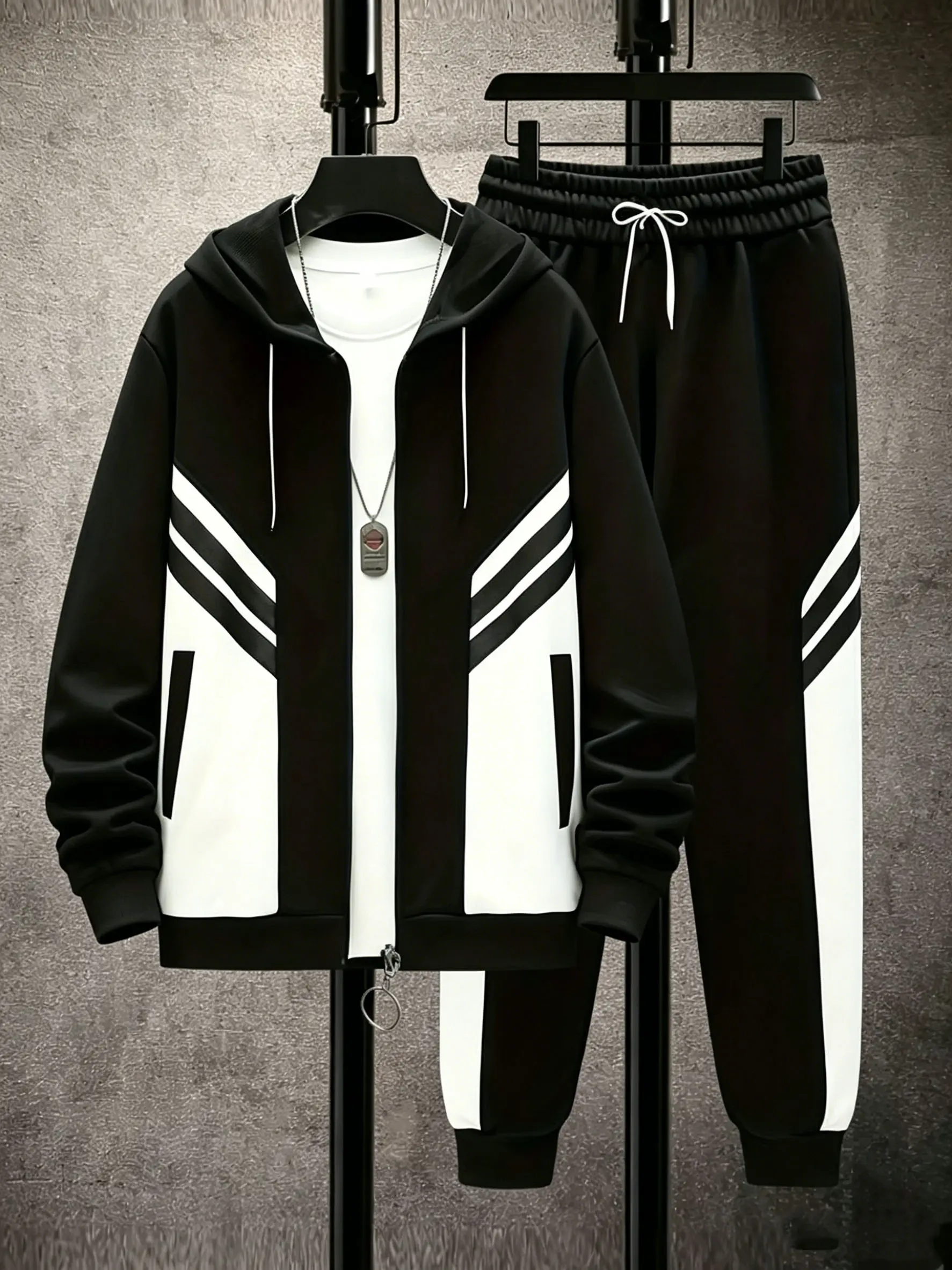 Casual polyester fiber men's hooded sports suit with pocket details, solid color long sleeved knitted fabric, slightly elastic, regular style hooded sweatshirt and pants set fathersdaygift
