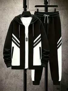 Casual polyester fiber men's hooded sports suit with pocket details, solid color long sleeved knitted fabric, slightly elastic, regular style hooded sweatshirt and pants set