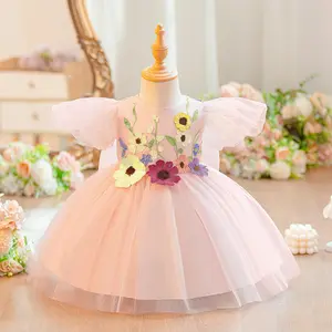 Anniversary Pink Embroidered Flower Bow Baby Girls Clothes 3089 Infant Cocktail Dress Toddler Ball Gown Princess Baptism Frock 6M-3Y