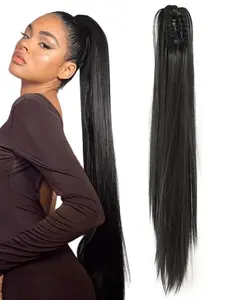 28 inch sleek straight clip on ponytail extensions long straight heat resistant synthetic hair claw clip ponytail for women daily wear party versatile Synthetic Hairpieces