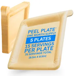 Peel Plate [5-Pack] 75 Servings Total [9.5in X 9.5in] - 1 Month Supply of Reusable Paper Plates Microwavable Peelware