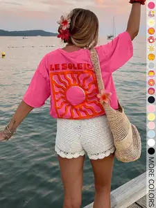 Women's Sun Graphic Print T-Shirt Fit, Fuchsia Retro Bohemian Style Fashion Top, Beachy Summer Short Sleeve Tee, Suitable For Vacation And Daily Streetwear