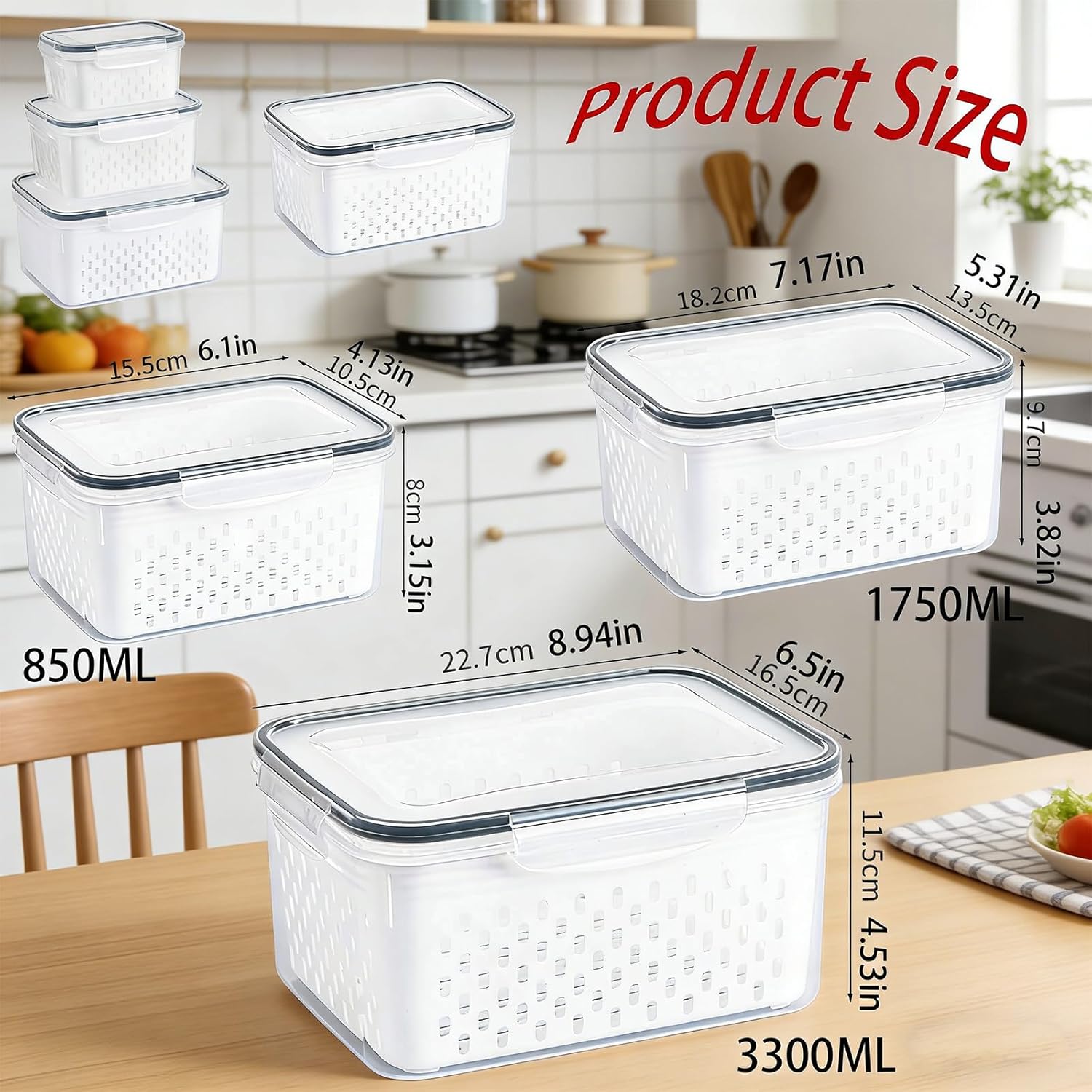 5 Pcs Fridge Fruit Storage Containers With Removable Baskets, Fridge Fruit Containers With Lids, Leak-Proof Food Storage Containers Suitable For Storing Salads, Berries, Vegetables And Meat In The Fridge.