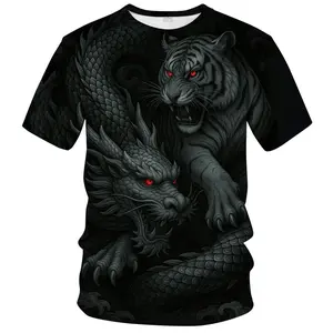 Unisex Black Tiger & Dragon 3D Print T-Shirt with Red Eyes, Stylish Streetwear for Daily, Party, Halloween, Casual Outings (Men & Women)