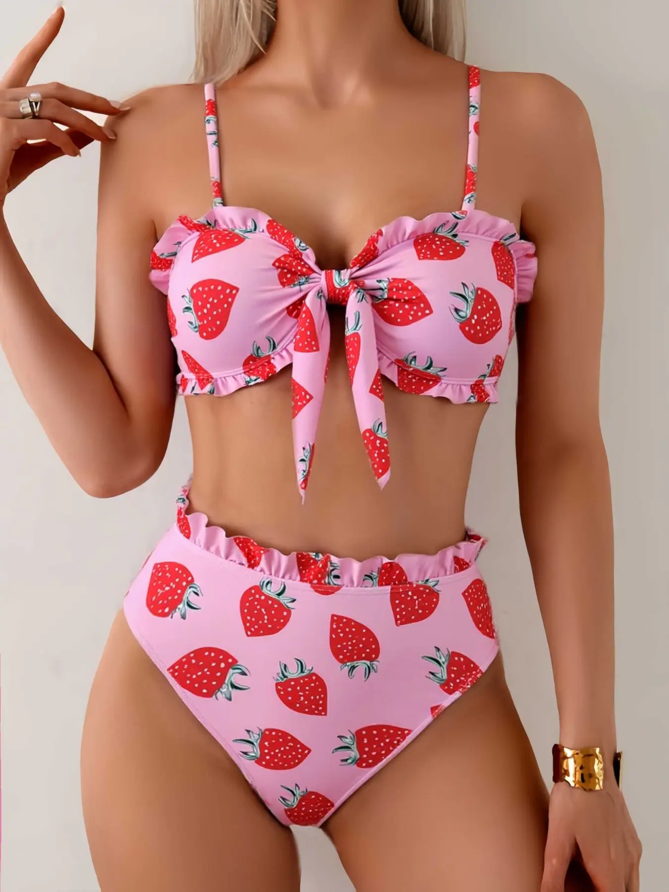 New Wood Trim Ruffled Strawberry Fashion Print Swimsuit, Hot Spring Beach Pool Vacation Bikini Two-Piece Set, Stylish Swimwear Ruffle Twist Swimsuit, Bikinis Set, Summer Bikini, Swimsuits Set, Bikini Sets