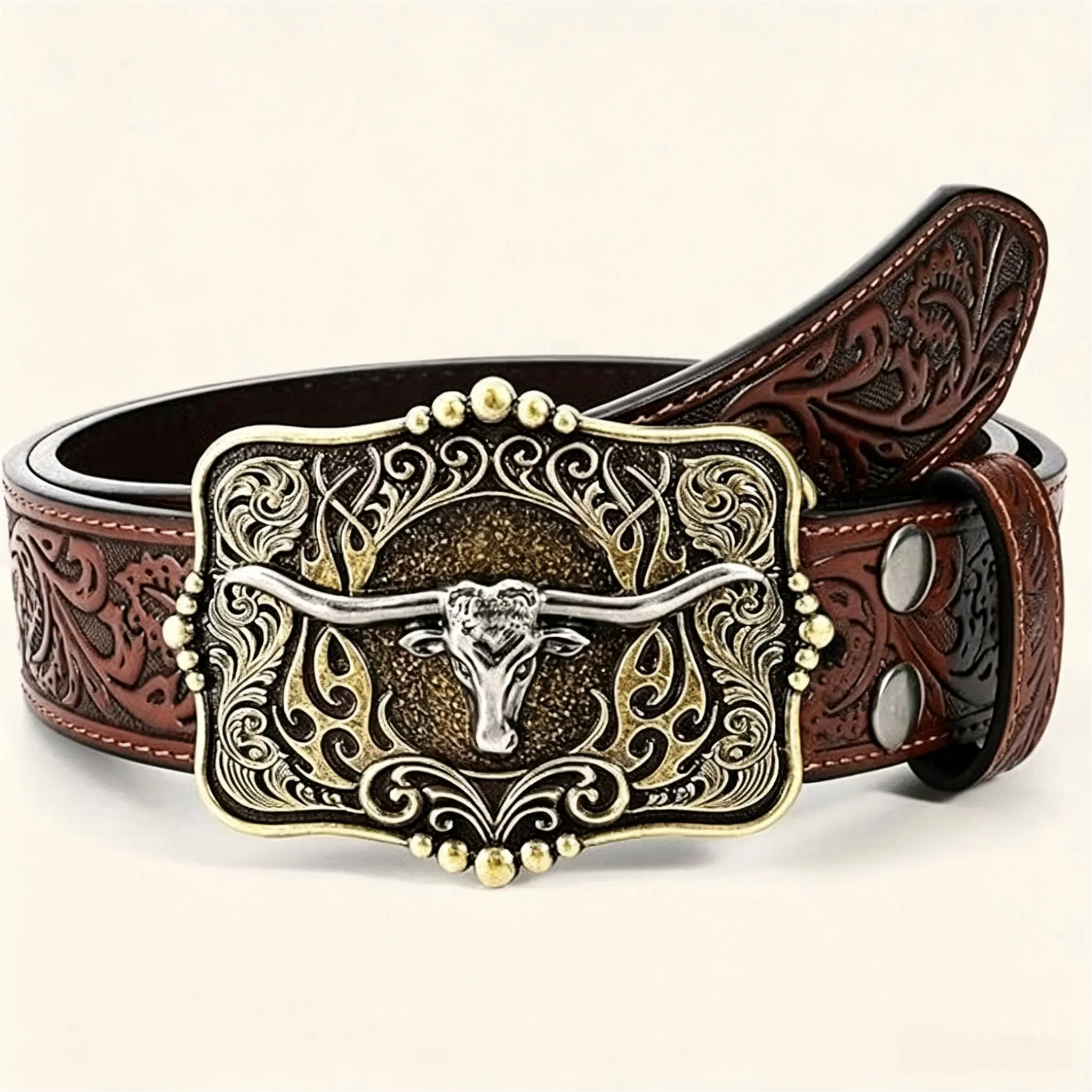 Men's Western Tooled Floral Belt with Removable Cowboy Longhorn Bull Buckle - Cowboy Stuff, Fashion Clothes Accessory, Detachable Belt, Heavy Duty