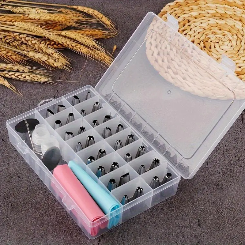 38pcs/set Stainless Steel Piping Nozzle & Box Set, Multiple Nozzles, Piping Tip & Storage Box For Baking Supplies With 32 Mounting Tips + 2 Nails + 2 Bags + 2 Converters, Pastry Decorating Tools, Cookie Decorating Tools, Baking Accessories