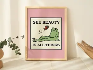Frog and Butterfly Wall Print Poster, Cute Pink Wall Art House Warming, Retro Quote Prints, 50s 60s 70s Posters, Wholesome Art, UNFRAMED