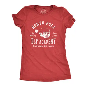 Womens North Pole Elf Academy T Shirt Funny Christmas Party Santas Helpers Tee for Ladies Funny Womens T Shirts Cute Vintage Fashion Casual Ladies T-Shirt Gift Christmas Tops for Women Women's Novelty Tees Red - Elf