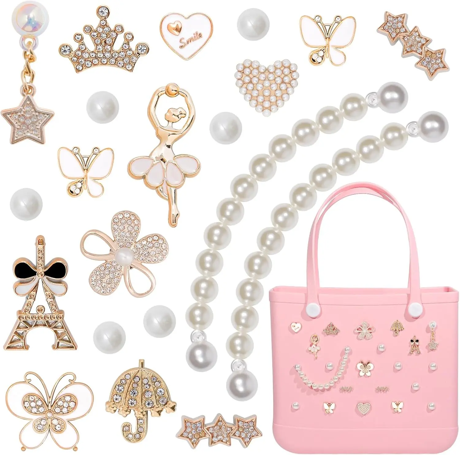 21 Pcs Decorative Pearl Charms for Beach Tote, Cute Flowers Butterfly Accessories with Chain, Aesthetic Bag Inserts for Birthday Gifts