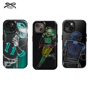 American football player neon style phone case, compatible with iPhone 17-11 Pro Max/Plus and Samsung Galaxy S23-25.