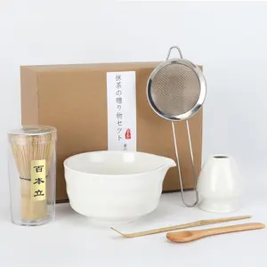Matcha Whisk Set, 6 count Matcha Set with  Matcha Scoop and Stainless Steel Sifter/Pouring Spout Ceramic Bowl/Matcha spoon/Matcha Whisk Holder, -19 oz   Ceremony Kit for Gifts (White)