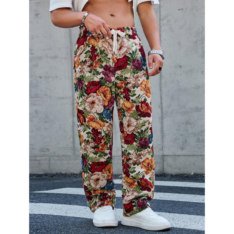 Drawstring Loose Comfortable Floral Men's Trousers with Vibrant Print Easy Fit for Everyday Wear and All-Day Comfort Drawstring Loose Comfortable Floral Men's Trousers with Vibrant Print Easy Fit for Everyday Wear and All-Day Comfort