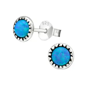 Synthetic Opal Stud Earrings - Pair - Oxidized 925 Sterling Silver