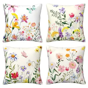 Spring/Summer Flower Pillow Cover, Farmhouse Style Flower Butterfly Pattern Spring Decorative Pillow Cover, Suitable for Sofa, Bedroom, Home Decoration, 4-piece Set with Double sided Printing