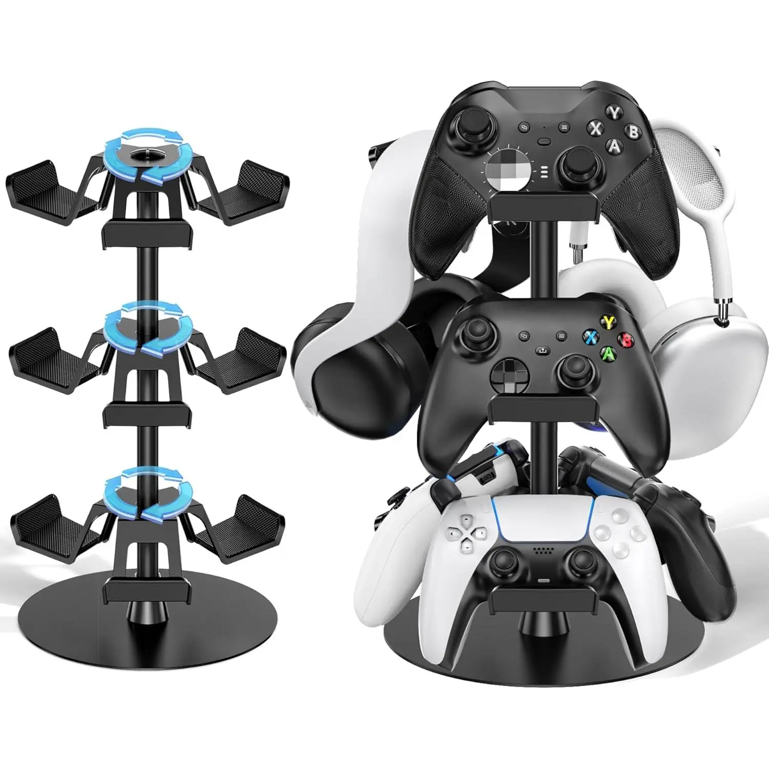 Headset Stand 3 Tiers for Desk, Rotatable Gaming Controller Stand for PS5/PS4//Switch2/PS Portal/Phone, Universal PC Gamer  Accessory Controller/Headphone Holder for 9 Packs Controller