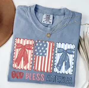 Comfort Colors God Bless America Tshirt With Bow Patriotic USA, Women 4th Of July Preppy T-shirt, Red White Blue Country Pride Tshirt, Full Colors, Full Sizes