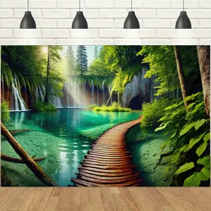 1pc 2D Serene Forest Waterfall Tapestry, Wood Boardwalk & Stream Printed Backdrop, Fresh Healing Vibe, Ideal for Nature-Themed Parties, Bedroom Wall Decor, Photo Booth & Meditation Space Decor
