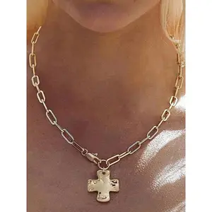Chunky Cross Necklace for Women Trendy Gold Silver Layered Statement Cross Chain Design Pendant Charm Necklace Vintage Paperclip Herringbone Snake Choker Chain Costume Jewelry Set Gift Non Tarnish