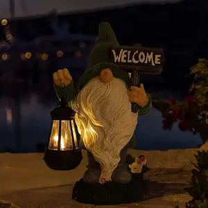 Solar Powered Garden Gnome Decoration, 1 Count Welcome Sign Gnome Statue with Lantern, Outdoor Hanging Decor for Garden, Yard, Lawn