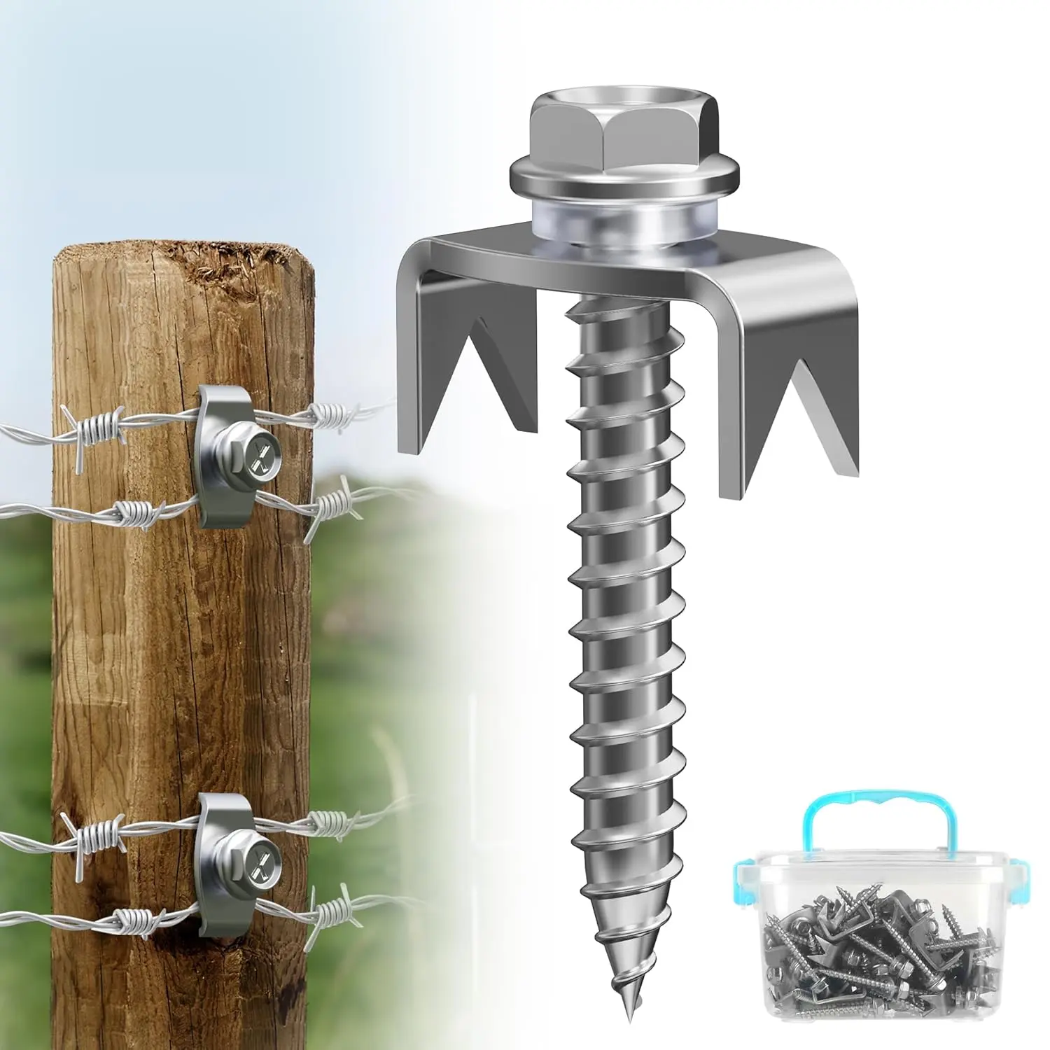 200 count Fence Staples for Wire Fencing, Fence Fasteners for Wire Fence, Fencing Screws for Softwoods, Reuse Fence Nails, Wire Fence Staples with Hex Adapter- Stainless Steel