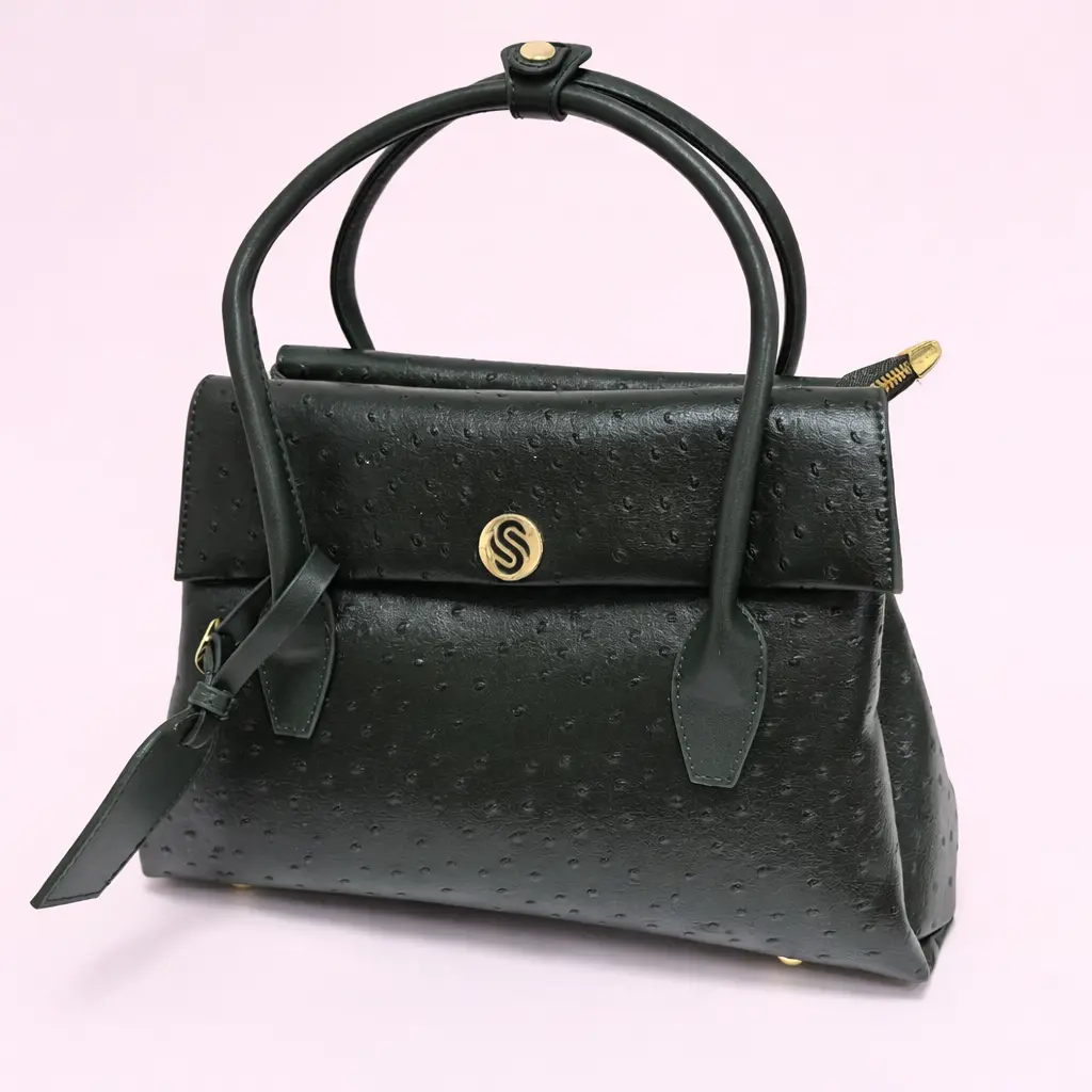 [Summer Picks] Vegan Ostrich Leather Purse - Women Elegant Structured Handbag Chic Daily Purse - deep color sophisticated vintage-inspired look - flap closure and roomy interior perfect for everyday essentials, work, shopping, Boston Bag