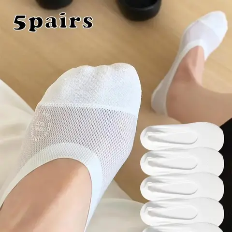Women's Basic Breathable 5-Pair Casual Flat Minimalist No-Show Boat Socks, Solid Cotton-Polyester Mesh Airflow Knit Liners, Anti-Chafing, Non-Slip Silicone Grip, Seamless Toe, Lightweight, Quick Dry, Machine Washable, Boat-Shoe Ready (Great for Birthdays)