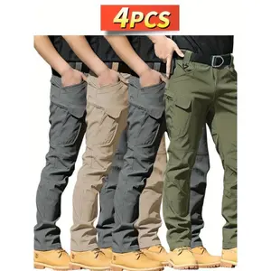 Ix7Pants 4PCS Men’s Slim Fit Tactical Cargo Pants – Durable Ripstop, Multi-Pocket (Black + Gray + Khaki + Green) | All-Season Wear, Resistant for Hiking/Camping/Outdoor/Daily Use, Machine Washable Polyester Menswear Beige