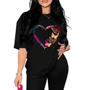 Butterfly & Heart Print T-Shirt for Women Drop Shoulder Half Sleeve Summer Tee Fashion Unisex Soft Spandex Breathable Crew Neck Basic Top Denim Everyday