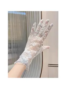 UV protection summer ice silk touchscreen gloves for women, thin lace floral design, anti-UV driving outdoor cycling cool gloves