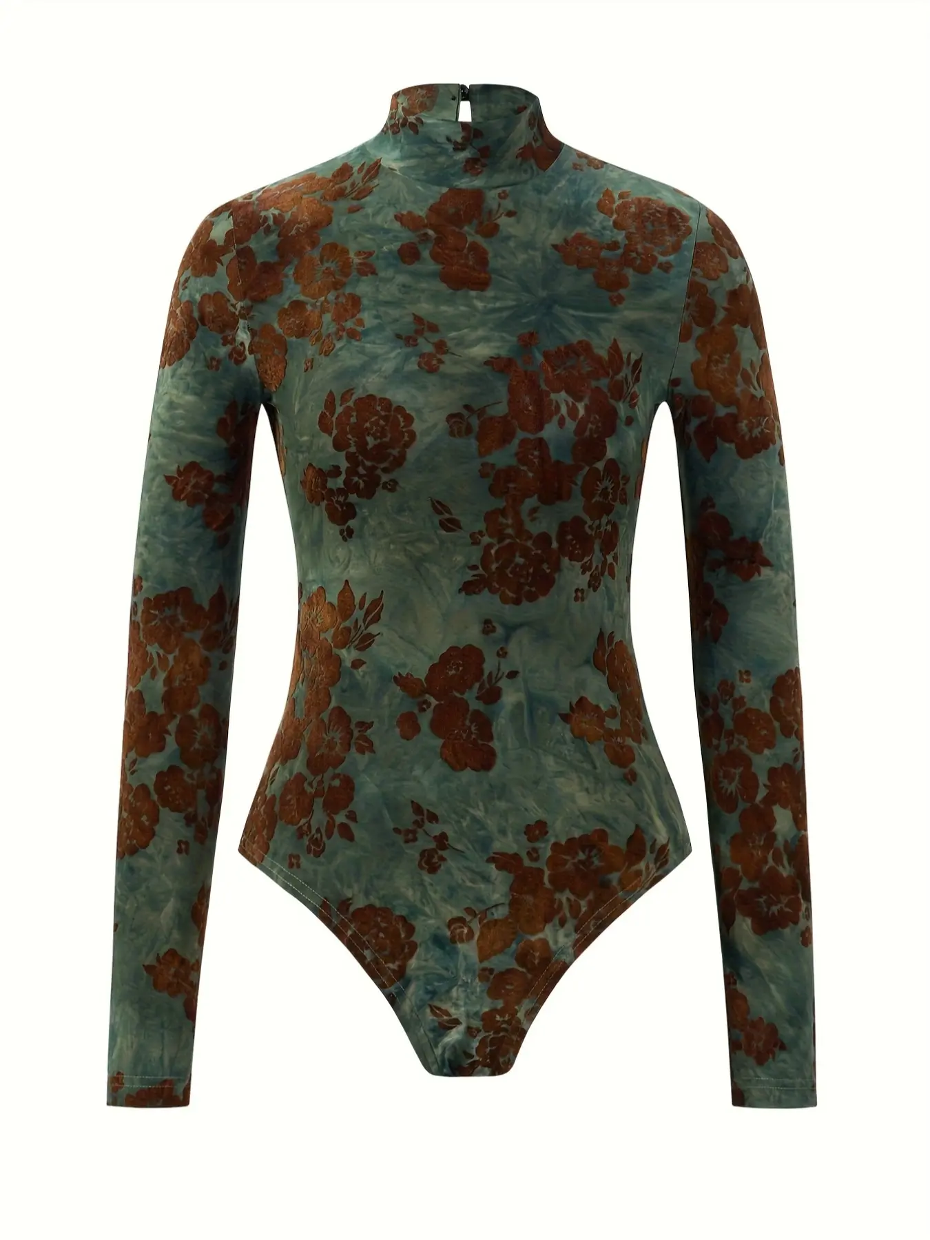 Women's High Neck Turtleneck Long Sleeve Knitted Floral Jumpsuit, Pearl Button Back, Casual Home Wear, Business Suit, Fall & Winter Fashion, Womenswear, Bodysuits, Floral One Piece