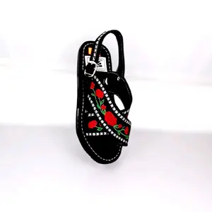 DAMA Women's Huarache Handmade Comfort Summer Footwear Sandal Walking Shoes Black with Red Embroidery Artisanal Acolchonada Plantilla Rubber Sole Nail Art Girl Decor Colorful