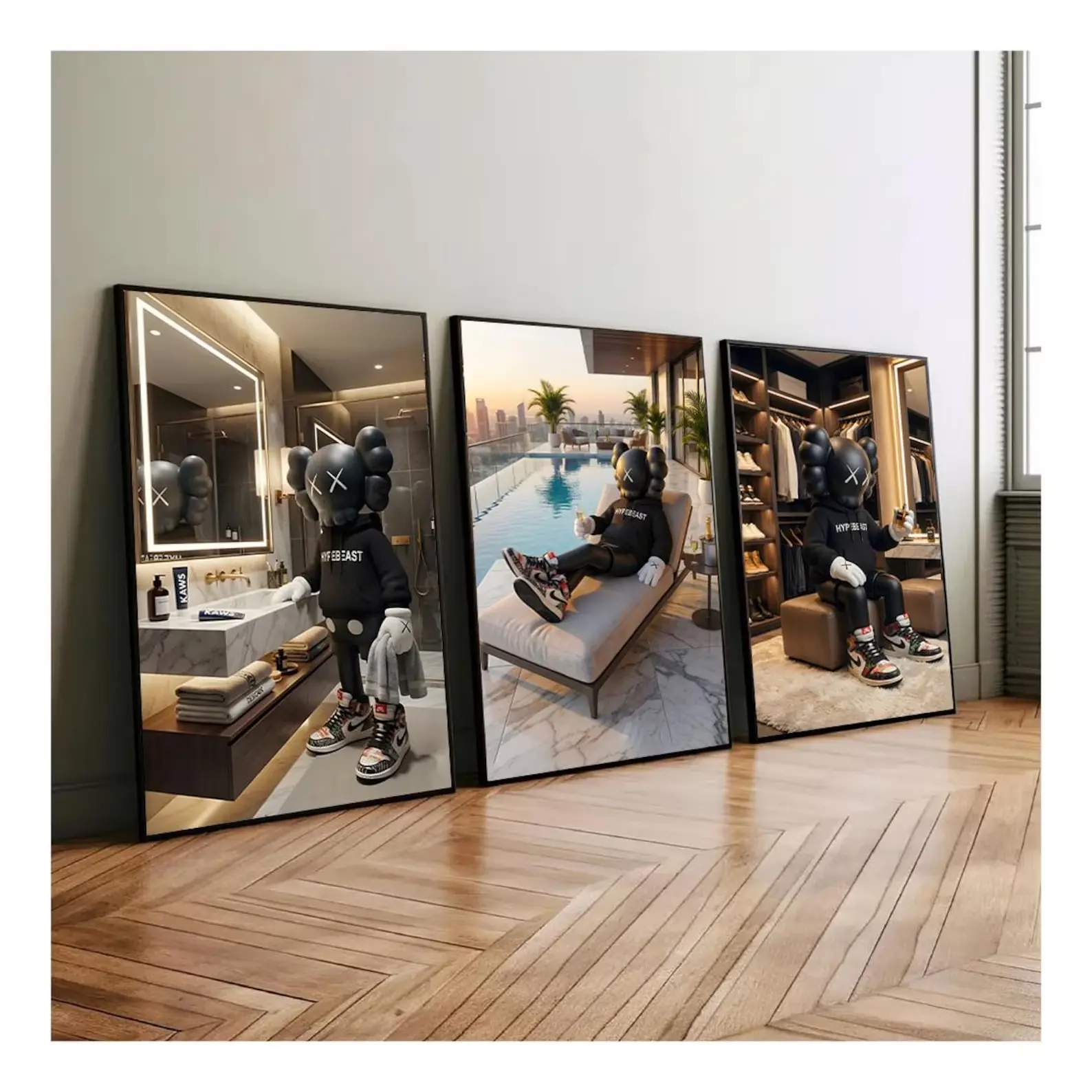 Set of 3 Black KAWS Bathroom Wall Art Posters, Hypebeast Graffiti Prints, Minimalist Sneaker Decor, Luxury Modern Hype Room Home Decor