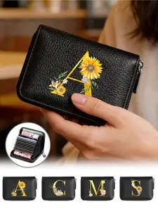 1pc PU Leather Accordion Zip Card Holder, With Gold Floral Letter, Large Capacity Multi-Card Zipper Wallet, Portable Credit Card Coin Purse, Fashion Zipper Wallet, Business Casual Short Wallet With Card Slots, Unisex Short Wallet