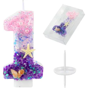 Birthday Candles, Pink and Purple Number 1 Candles Decorated with Conchs Starfish and Pearls for Mermaid Theme Party Cake Topper Supplies